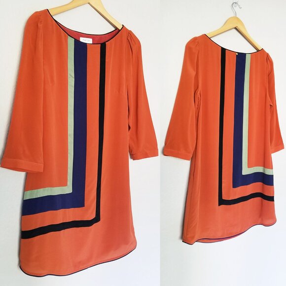Harlyn Dresses & Skirts - HARLYN Anthropologie 100% Silk Mini Shift Dress Orange Rust Colorblock Geometric